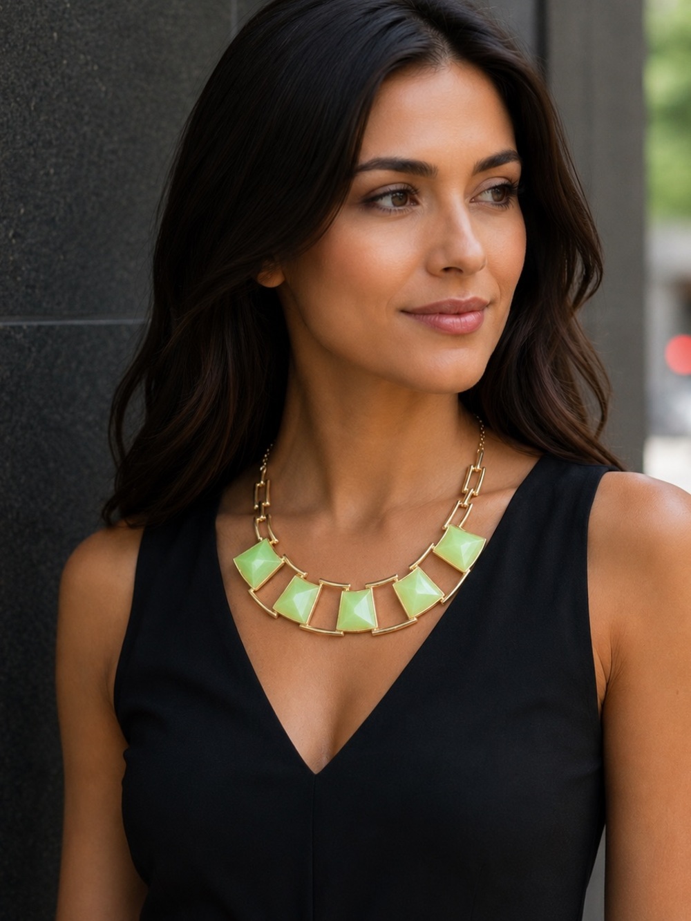 Source Unknown Gold Necklace with Light Green Gem Panels